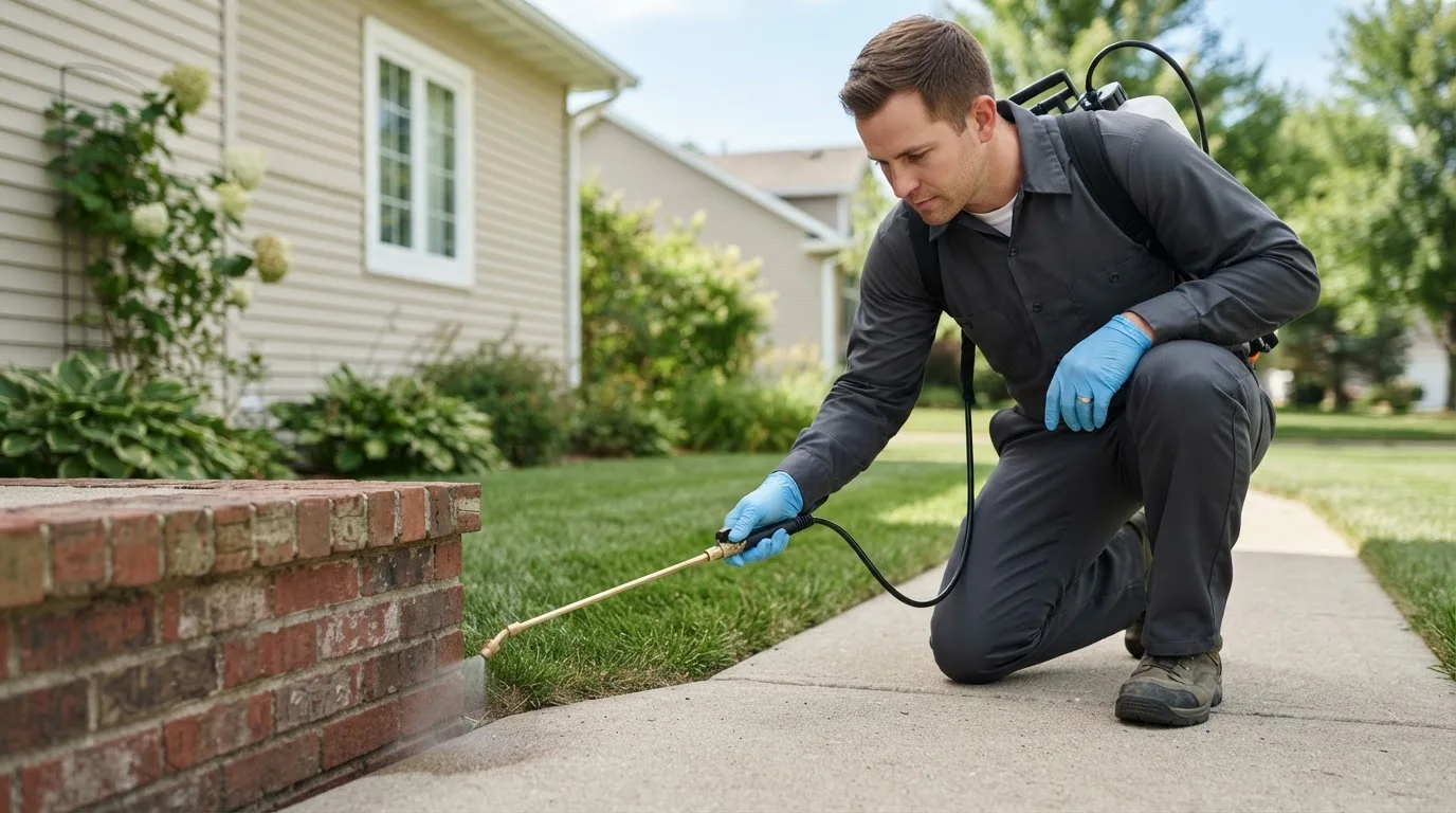 Pest control technician treating a home near Arlington, OR